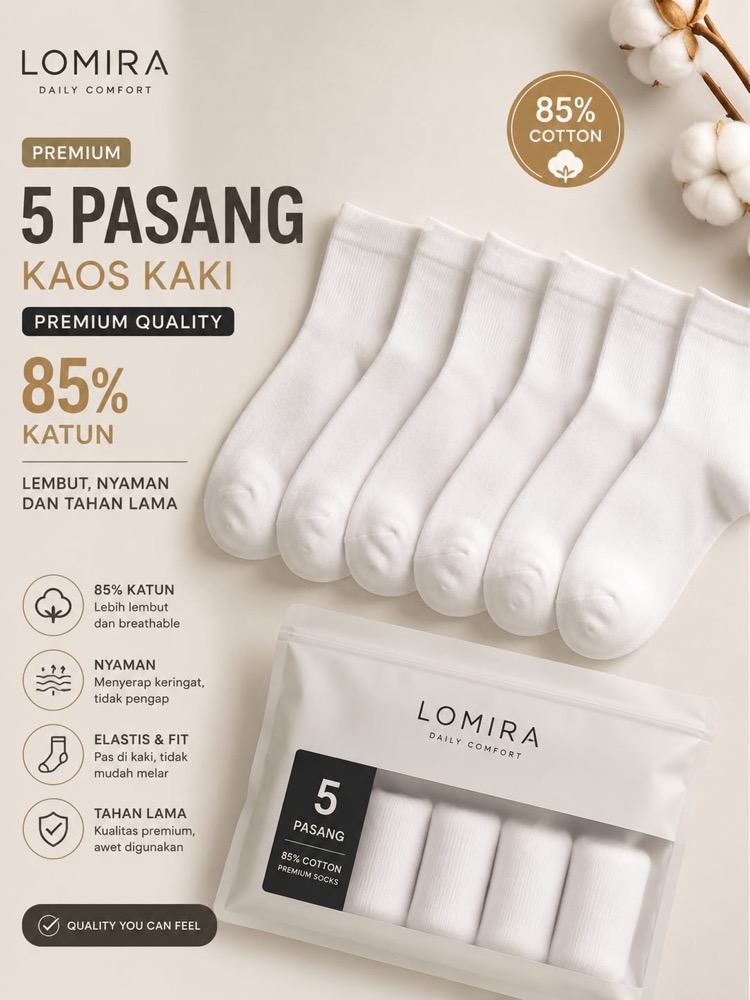 Socks Kaos Kaki Unisex 5 Pasang 85% Katun Premium Lembut Nyaman Tidak Mudah Melar lomira  Product 1