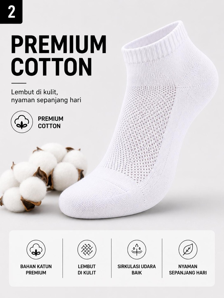 Socks Kaos Kaki Premium Putih, 85% Katun Mesh, Nyaman, Size 36-47 EU 1