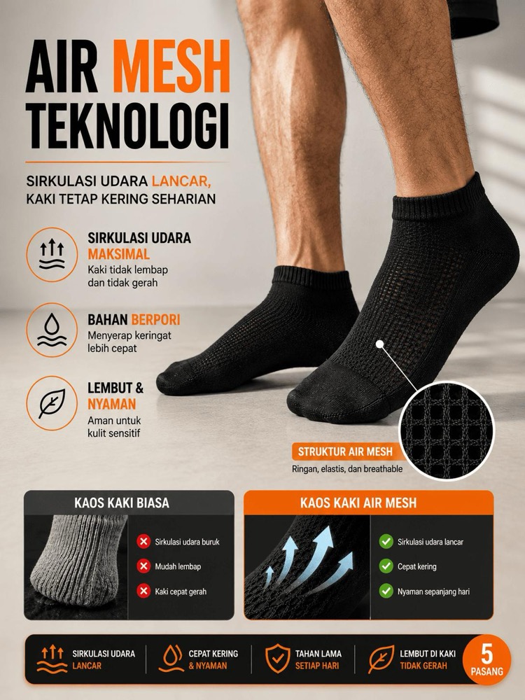 LOMIRA Kaos Kaki Hitam Unisex Pria Wanita Paket Hemat Murah 5 Pasang | Katun Adem Anti Bau 1