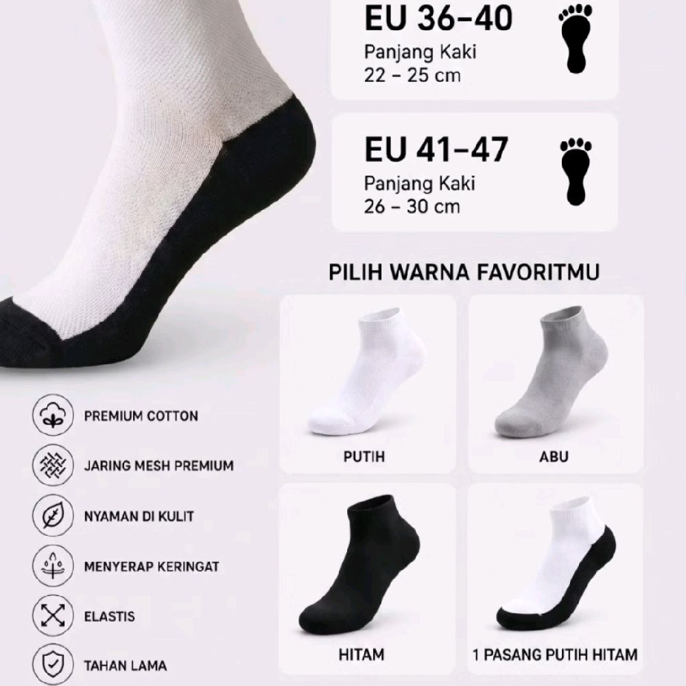 LOMIRA SATUAN Kaos Kaki Premium Putih Abu Hitam Mix Bahan Katun Mesh Nyaman Size 36-47 EU Premium Comfort Setiap Langkah 1