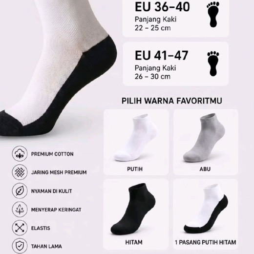 LOMIRA SATUAN Kaos Kaki Premium Putih Abu Hitam Mix Bahan Katun Mesh Nyaman Size 36-47 EU Premium Comfort Setiap Langkah