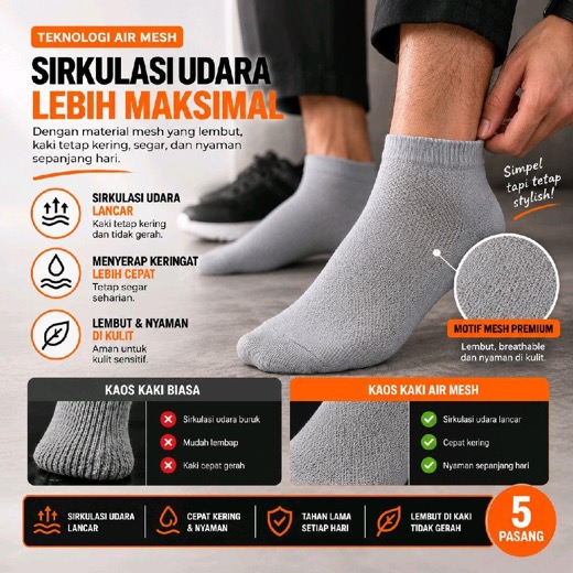 LOMIRA Socks Kaos Kaki Pria Abu Abu 5 Pasang 85% Katun, Anti Bau, Tebal Lembut, Anti Gerah!