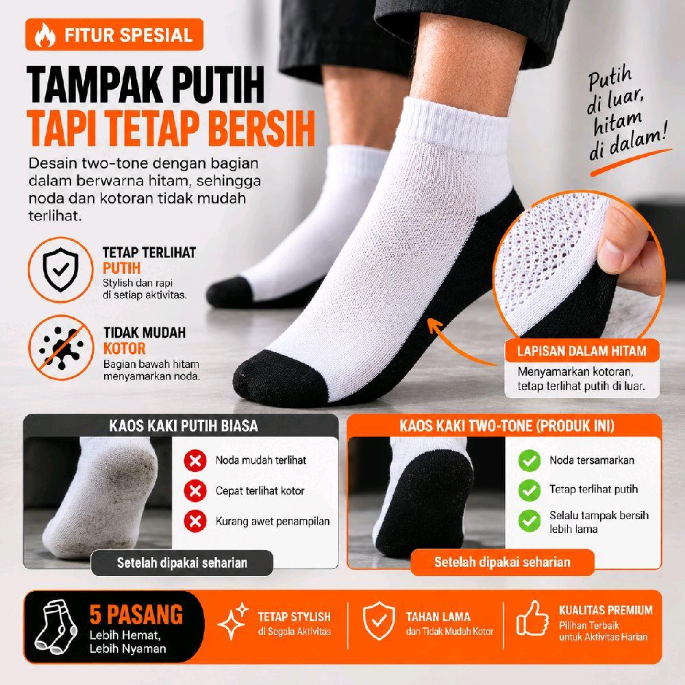 LOMIRA Socks Kaos Kaki Pria Two Tone Putih Hitam 5 Pasang 85% Katun, Anti Bau, Tebal Lembut, Anti Gerah! 1