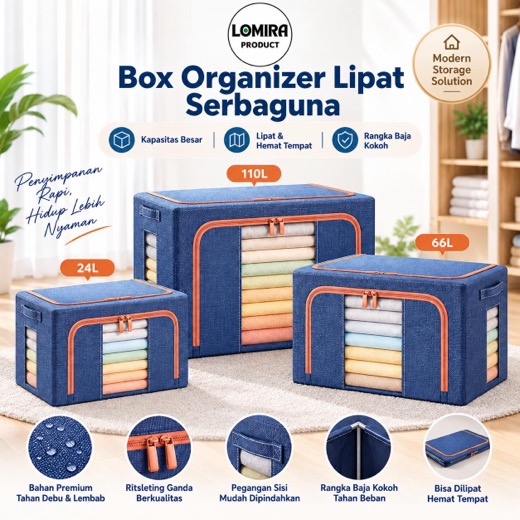 LOMIRA Organizer Box Lipat Rangka Baja – Storage Pakaian Stackable 24L/66L/110L