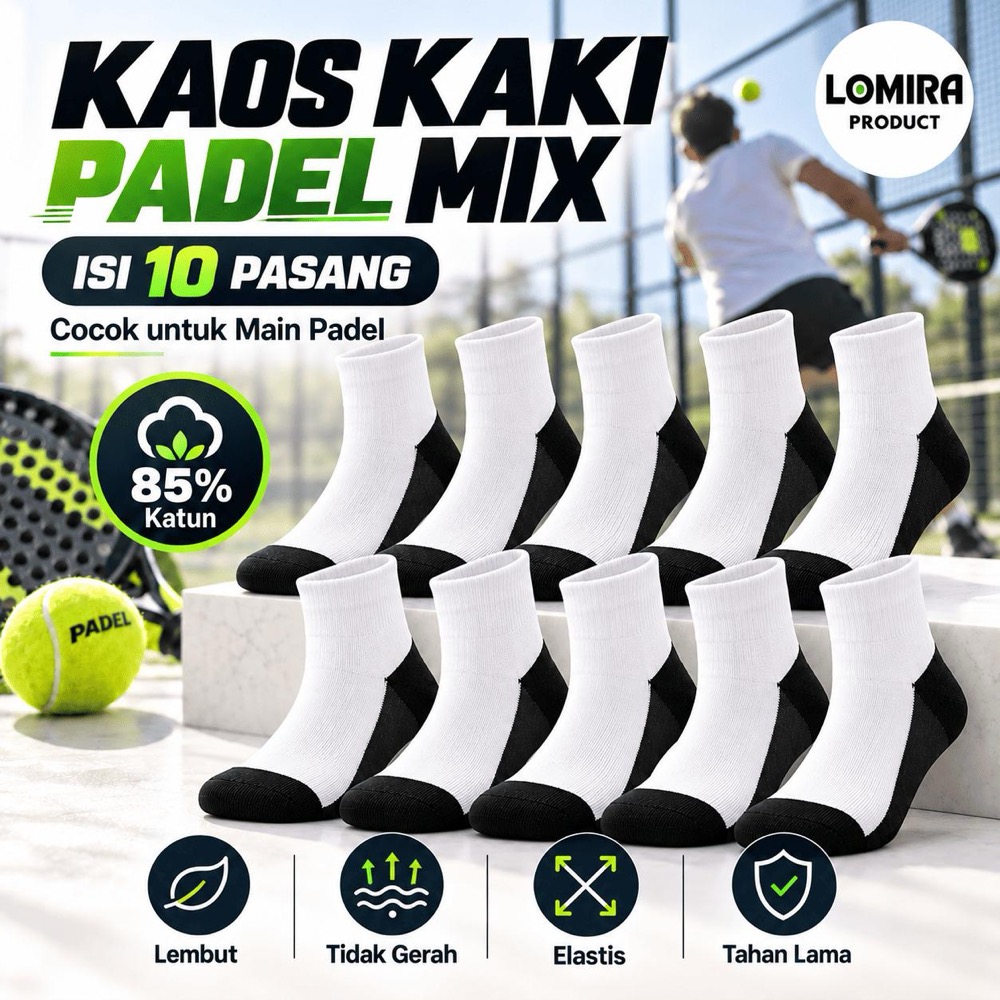 LOMIRA Kaos Kaki Padel Sport Mix 10 Unisex 85% Katun Air Mesh Tumit Diperkuat Karet Super Lembut untuk Olahraga Pria & Wanita 1
