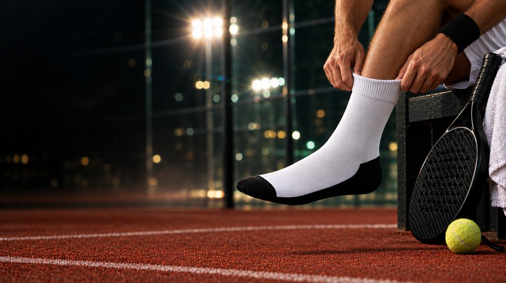 Atlet padel memakai kaos kaki LOMIRA Mix putih dengan sol hitam di lapangan malam